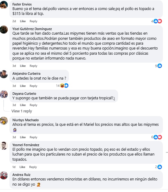 Algunos de los comentarios hechos en la publicación muestran preocupación por los precios. (Captura de pantalla © Facebook)