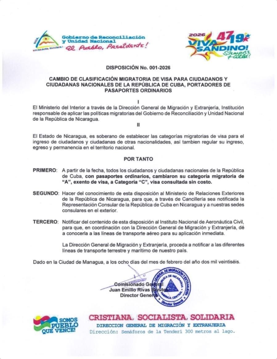 Comunicado emitido por las autoridades de Nicaragua.