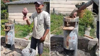 El hombre mostrando su invención para lidiar con la escasez. (Captura de pantalla © DeRoche-Facebook)