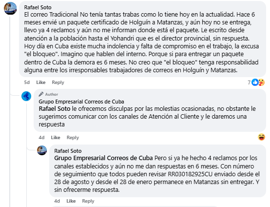 La denuncia y la respuesta por parte de Correos de Cuba. (Captura de pantalla © Rafael Soto-Facebook)