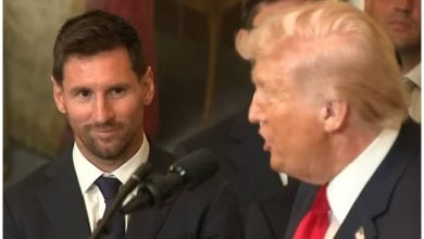 Messi en reunión con Trump, ró durante narraciones de guerra. (Captura de pantalla © C-Sapan- YouTube)