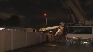 La grúa, con capacidad para levantar hasta 800 toneladas, causó muchos daños al caer. (Captura de pantalla © Telemundo 51)