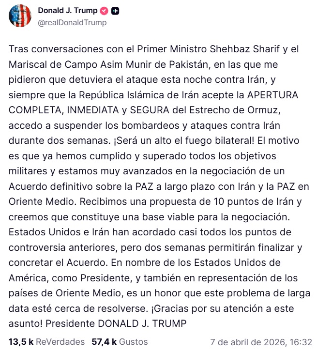 Mensaje compartido por el presidente Trump. (Captura de pantalla © Truth Social)