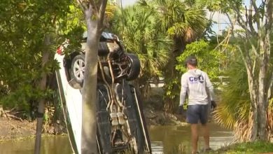 La policía solicitó la ayuda del Departamento de Bomberos para retirar el vehículo del cuerpo de agua. (Captura de pantalla © Local 10 News)