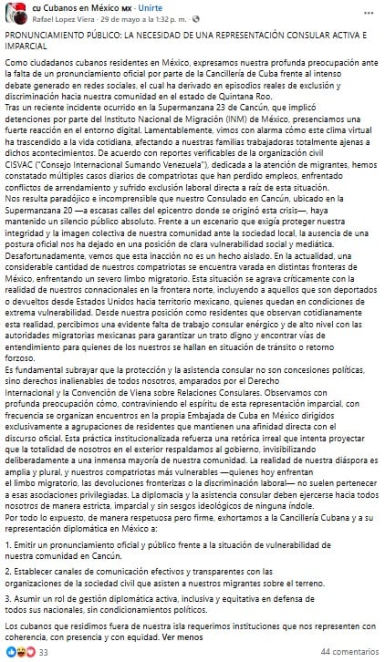 Pronunciamiento que circula en las redes sociales. (Captura de pantalla © Facebook)